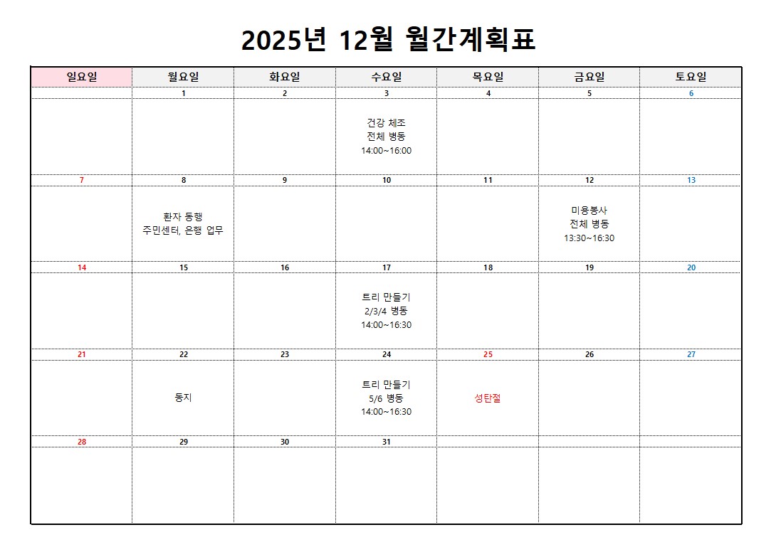 플러스요양병원 12월 프로그램 계획표